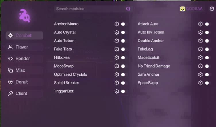 Gooba Client combat module list running inside Minecraft
